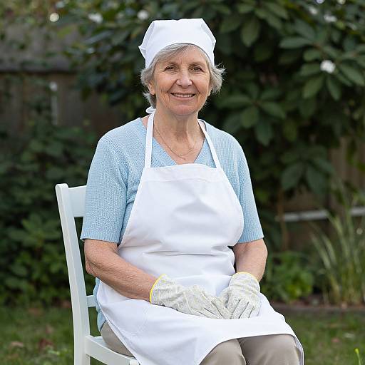 Photograph of an elderly woman with short gray hair, wearing a white cap, blue checkered shirt, white apron, and yellow-gloved