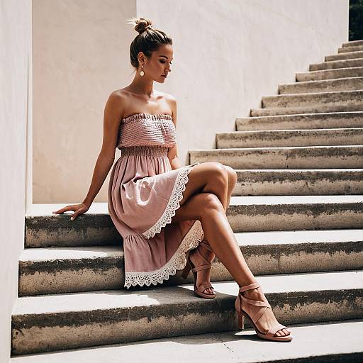 Woman in Dusty Rose Strapless Dress on Stone Stairs