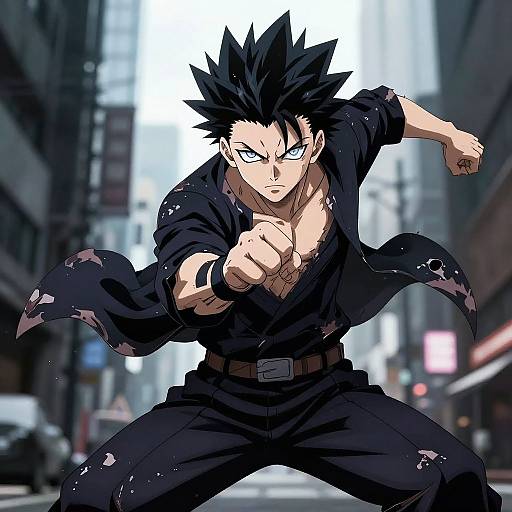 Digital anime-style drawing of a black-haired, blue-eyed, muscular male warrior in a torn black shirt and pants, punching forward in a city street.