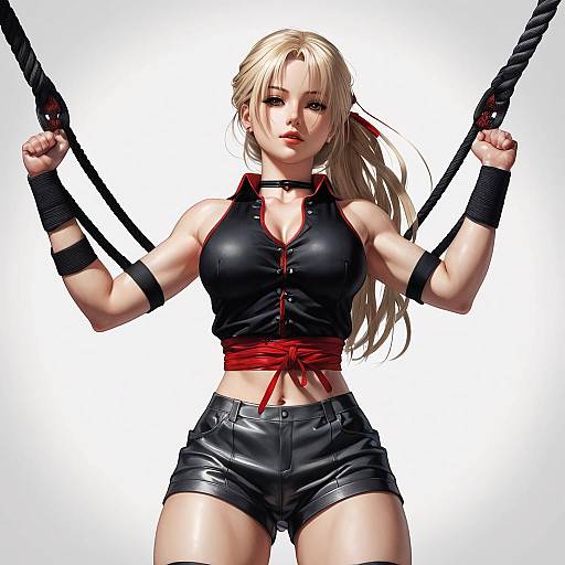 Digital art of a muscular blonde woman with long hair, wearing a black crop top and shorts, red ribbon, holding black ropes, intense expression, white