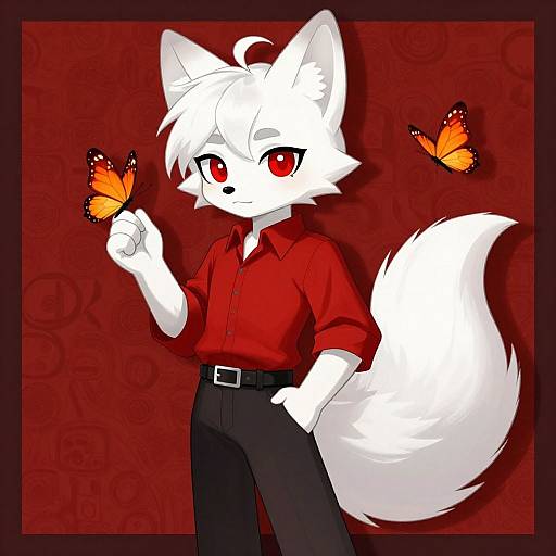 Anthropomorphic white fox with red eyes, wearing red shirt and black pants, holding orange butterfly against red patterned background. Digital art.