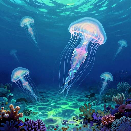Digital illustration of vibrant blue underwater scene with glowing jellyfish, colorful coral reef, and sunlight filtering through the water.