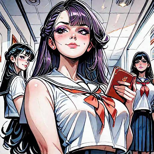 Anime Schoolgirls in Hallway Pose