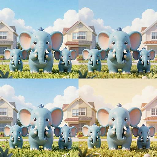 CGI image of cute blue baby elephants with small bird friends, standing on grass in front of suburban houses with blue sky and white clouds. Bright,