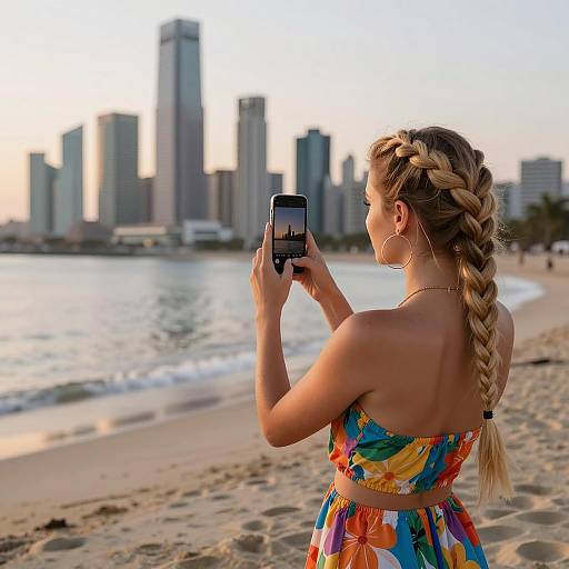 Woman Taking Photo of City Skyline on Beach at Sunset