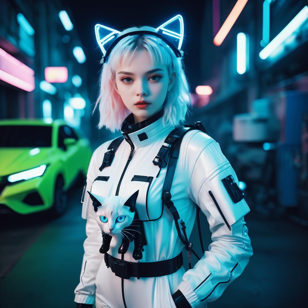 Futuristic Mecha-Pilot and Cat in Neon Lights