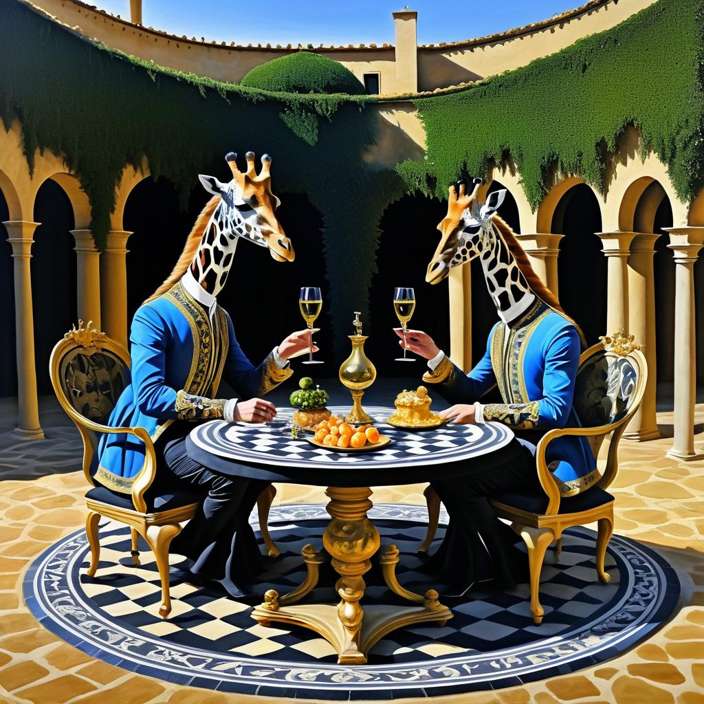 Surreal Giraffes in Royal Courtyard