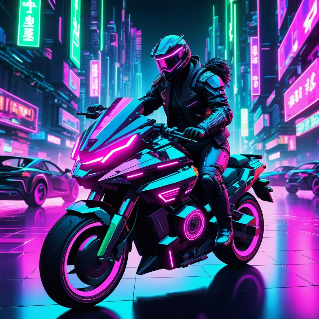 Intense Cyberpunk Hacker on Armored Motorcycle