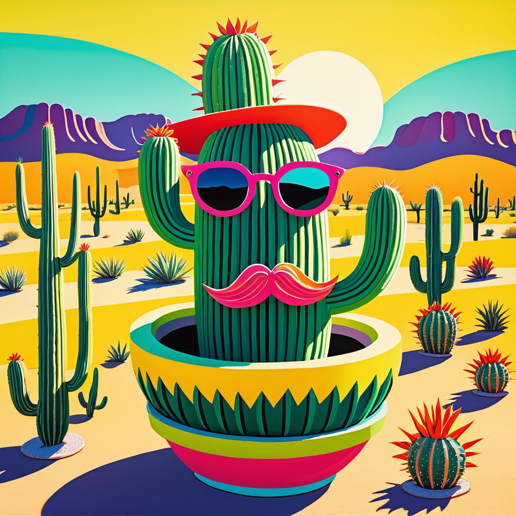 Whimsical Cactus with Mustache Art