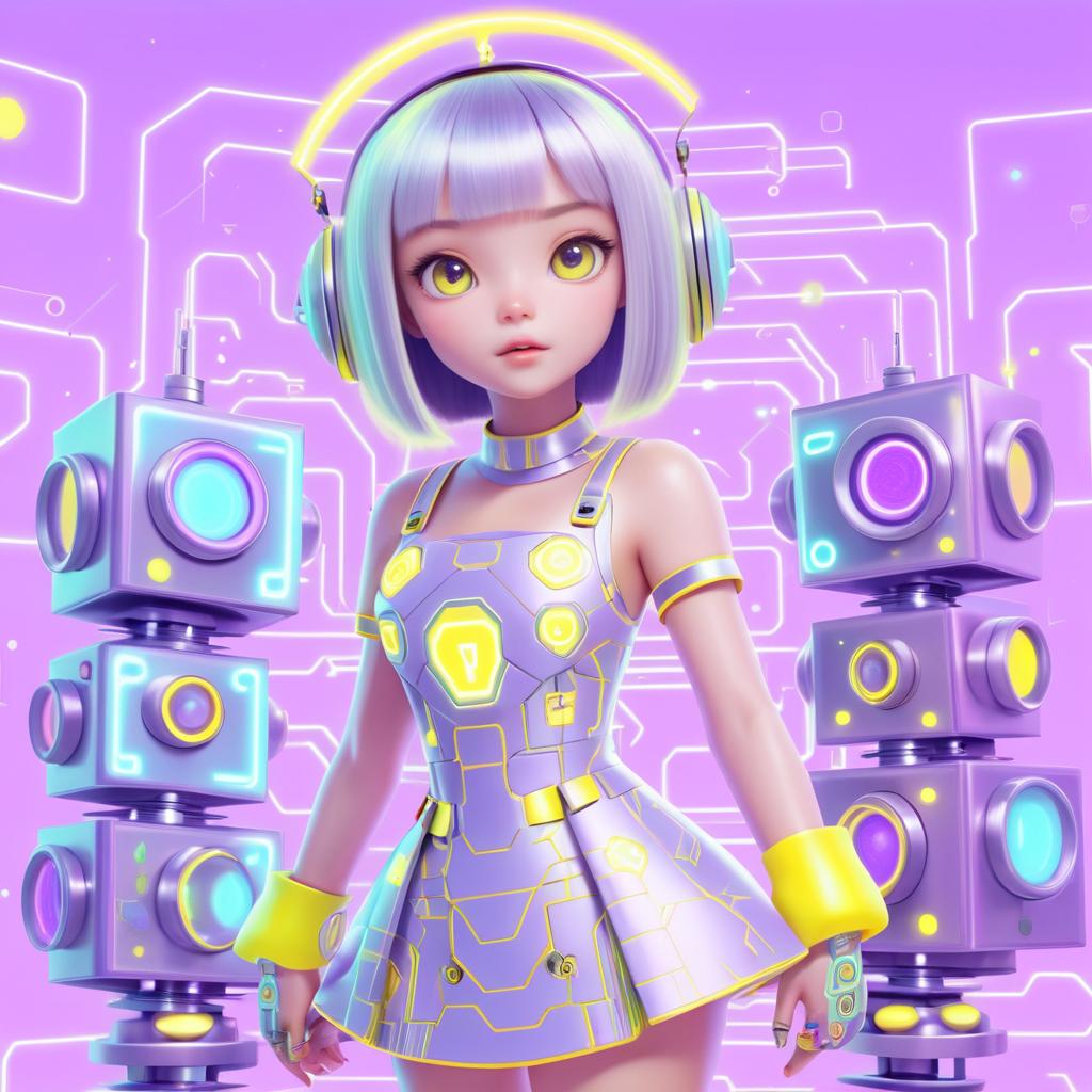 Playful Pastel Robot Girl Illustration