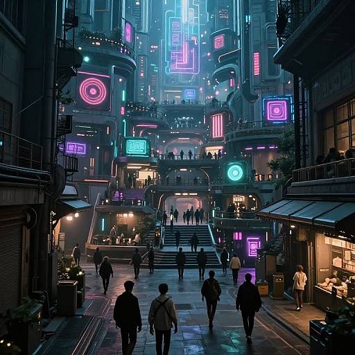 Neon-lit cybercity street at night, futuristic architecture with vibrant blue, pink, and purple signs, pedestrians walking, illuminated shops, and stair
