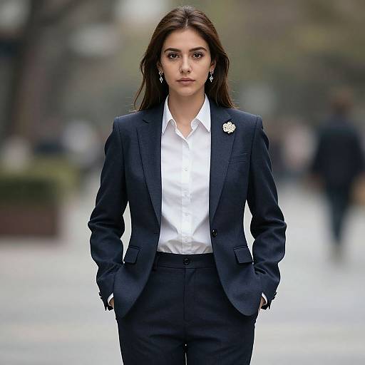 Photograph of a confident young woman with long dark hair, wearing a navy suit, white shirt, and a flower pin, walking down a blurred urban