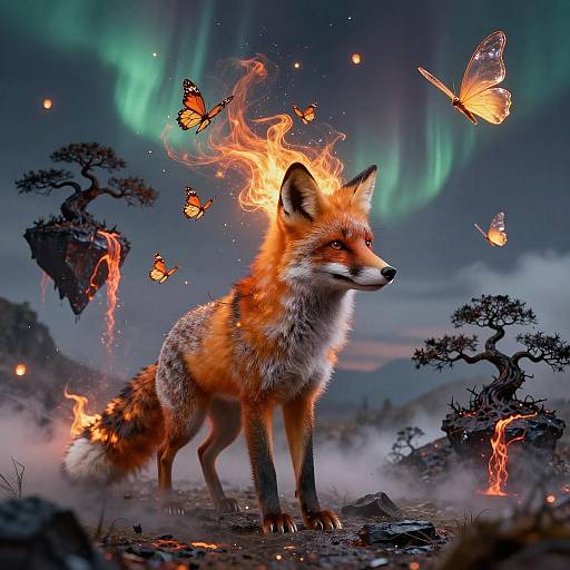 Fantasy Fox with Ember Butterflies and Lava Islands