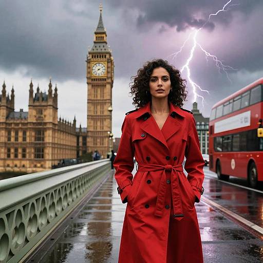 Photograph-style image of a curly-haired woman in a red trench coat standing on a wet London Bridge during a lightning storm, with Big Ben and a