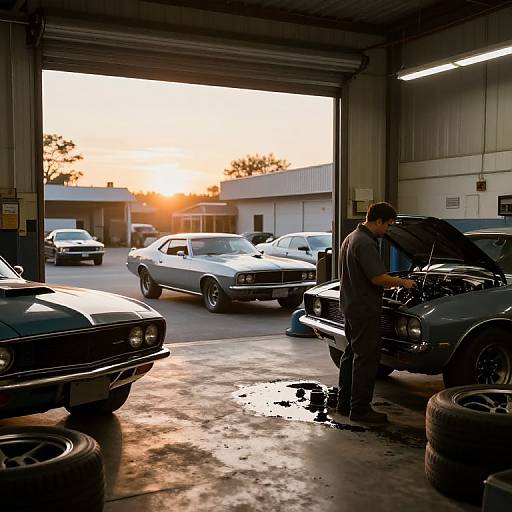 Sunset Muscle Car Garage Scene