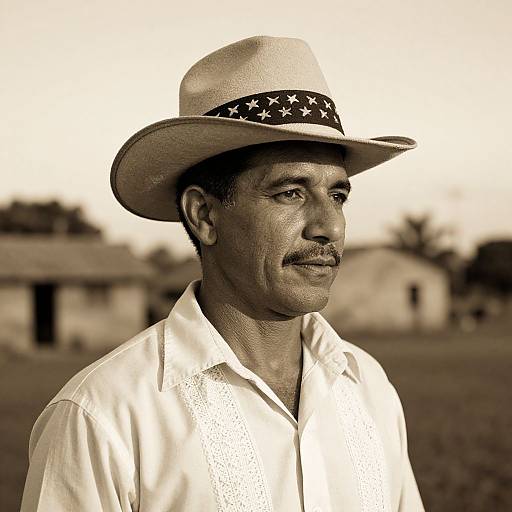 Sepia-toned photograph of a middle-aged man with dark skin, wearing a white shirt and beige hat with star-patterned band, standing outdoors near