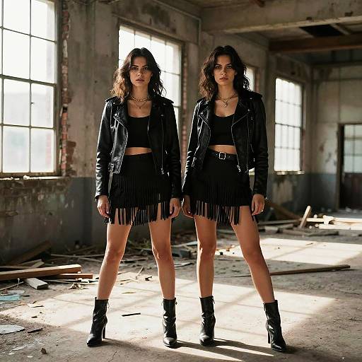 Photograph of two curly-haired women in black leather jackets, fringe skirts, and ankle boots standing confidently in a sunlit, dilapidated, industrial
