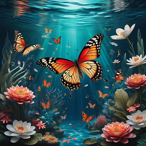 Whimsical Butterfly in a Mystical Underwater Realm Whimsical Butterfly in a Mystical Underwater Realm
