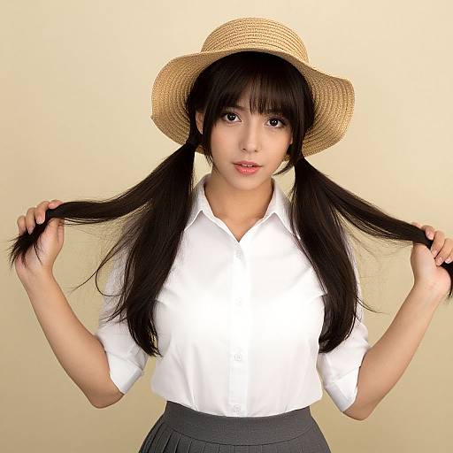 Photograph of an Asian woman with long black pigtails, wearing a straw hat, white shirt, and gray skirt, holding her pigtails