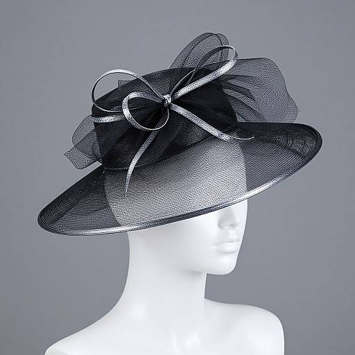 Photograph of a white, faceless mannequin head wearing a large, black, mesh fascinator hat with silver ribbon bow, against a gray
