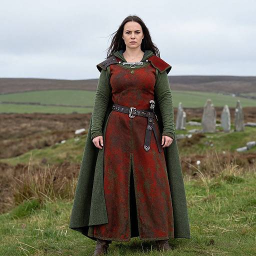 Photograph of a serious-looking woman with dark hair, wearing a red and green medieval-style dress with a belt, standing in a grassy field with