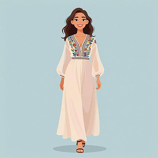 Digital illustration of a smiling woman with long brown hair, wearing a white, long-sleeved, embroidered dress and black sandals, standing against a light