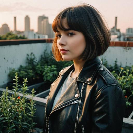 Young Woman with Angled Bob Hairstyle in Leather Jacket