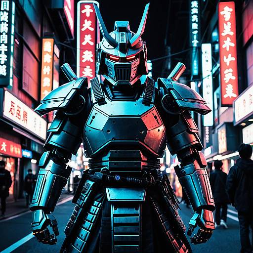 Robotic Samurai in Neon-Lit Cityscape
