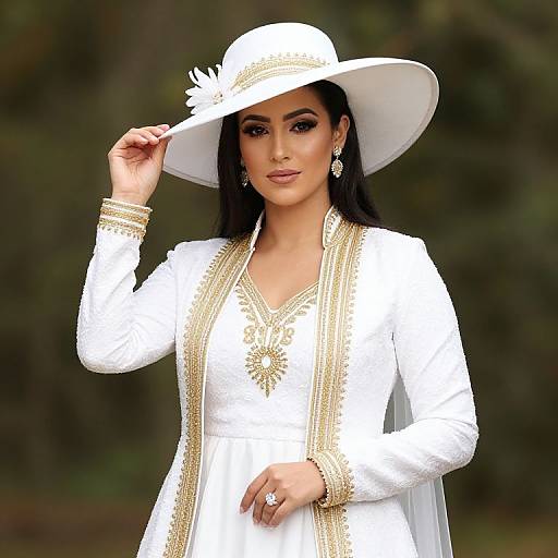 Photograph of an elegant woman with long black hair, wearing a white embroidered kurta, matching hat with a flower, and gold earrings, standing outdoors