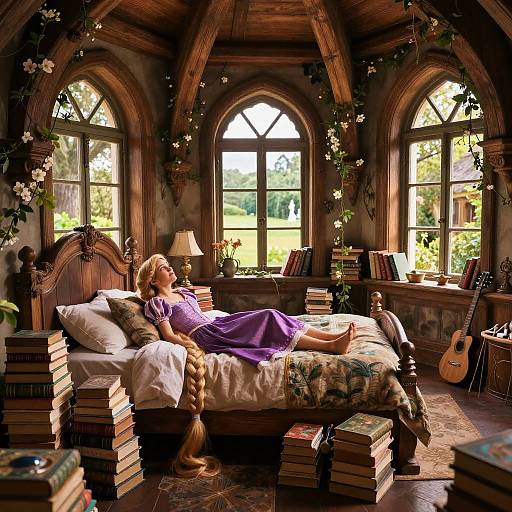 A blonde woman in a purple dress lounges on a wooden bed surrounded by stacks of books in a sunlit, arched-window room with lush green