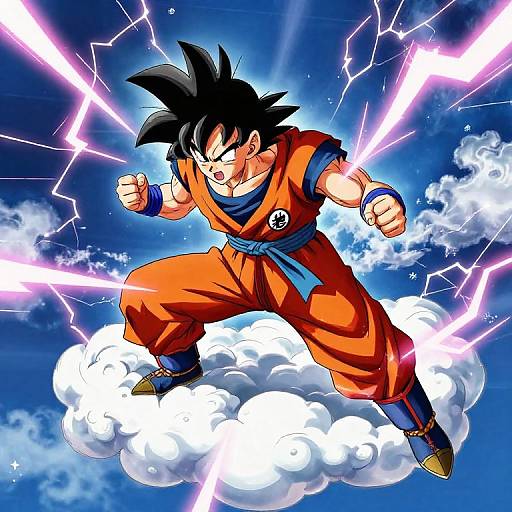 Digital anime-style drawing of Super Saiyan Son Goku, with black spiky hair, orange gi, and blue sash, fighting on a cloud,
