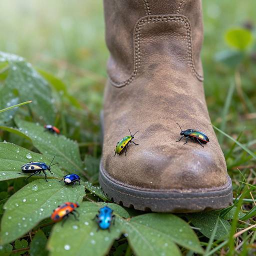 Close-up photograph of a worn brown boot on grass, surrounded by colorful ladybugs (red, blue, black, yellow) on green leaves.