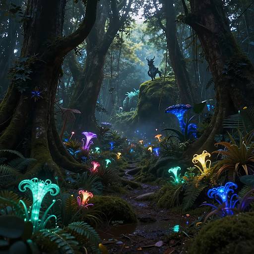 Photorealistic CGI of a mystical forest at night, illuminated by glowing, colorful mushrooms, with a deer silhouette standing on a mossy rock in the