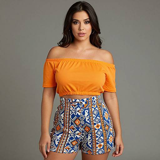 Photograph of a young woman with long black hair, wearing an orange off-shoulder crop top and colorful patterned high-waisted shorts,