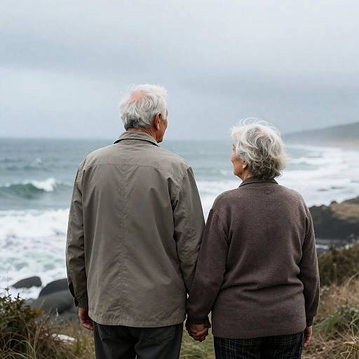 Elderly Neighbors Facing Stormy Coastline