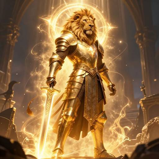 Digital artwork of a lion-headed warrior in glowing golden armor, surrounded by flames, holding a sword, in a cathedral.