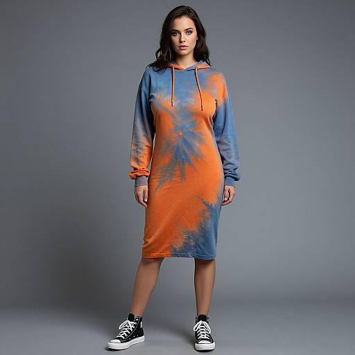 Photograph of a woman with dark hair wearing a blue and orange tie-dye hoodie dress and black high-top sneakers, standing against a gray background.