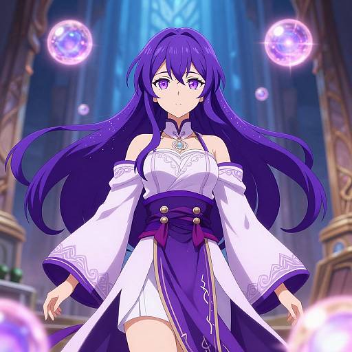 Anime-style digital artwork of a purple-haired, purple-eyed woman in a white and purple magical outfit, surrounded by glowing orbs in a mystical cathedral.