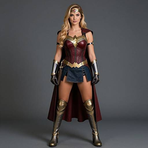 Photograph of a blonde woman in Wonder Woman costume: red corset, gold chest piece, black skirt, gloves, boots, cape, standing against
