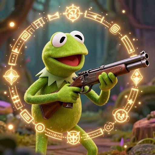 Digital illustration of Kermit the Frog holding a gun, surrounded by glowing symbols, in a mystical forest background. Kermit's green fur contrasts with the