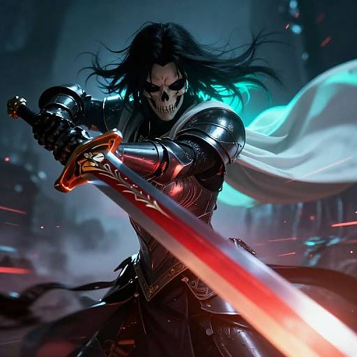 Digital art of a skeletal warrior with long black hair, wearing shiny black armor, wielding a glowing red sword, with a white cape flowing in a dark