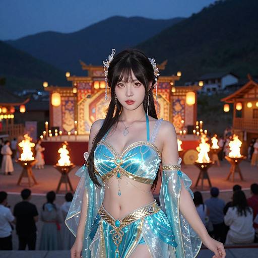 Photograph of an Asian woman with long black hair in a shimmering blue and gold belly dancer outfit, standing in front of a lit traditional stage at