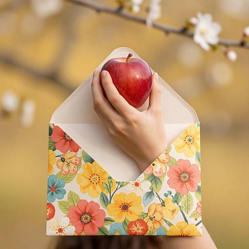 Photograph of a hand holding a red apple in a colorful floral envelope, set against a blurred spring background with white blossoms.