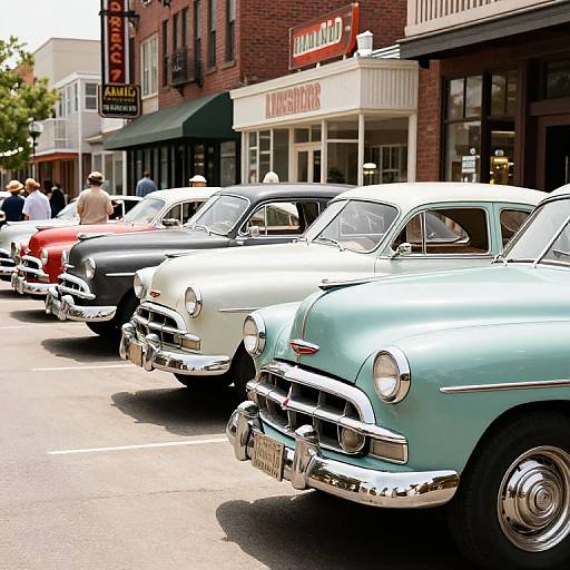 Photograph of a row of vintage cars, including light blue, white, and red, parked outside a brick storefront on a sunny day.