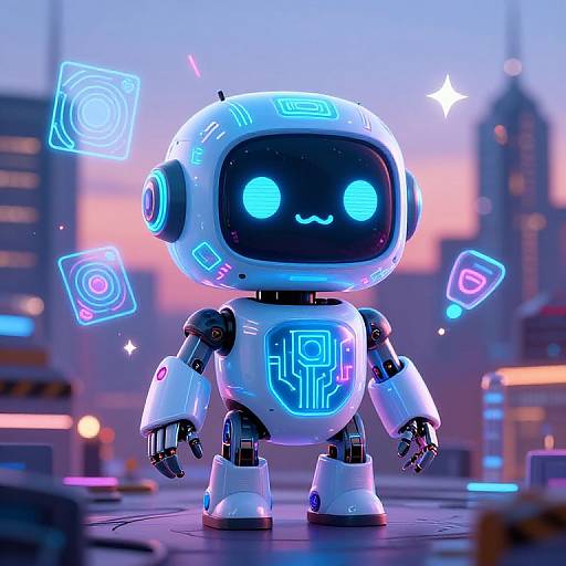 CGI image of a cute, glowing blue robotic character with a black screen face and neon circuit patterns, standing in a futuristic cityscape at sunset.