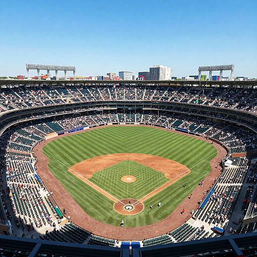 Photograph of a packed baseball stadium from an overhead angle, showcasing a green, well-maintained field, dirt infield, and brightly lit stands against