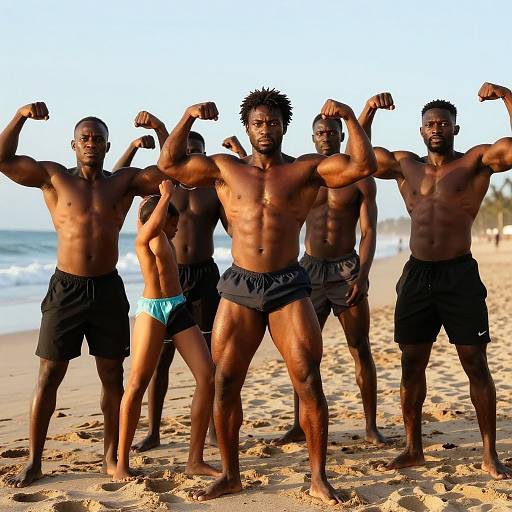 Photograph of six muscular, shirtless Black men on a sunny beach, flexing their biceps and wearing black and blue swim trunks.