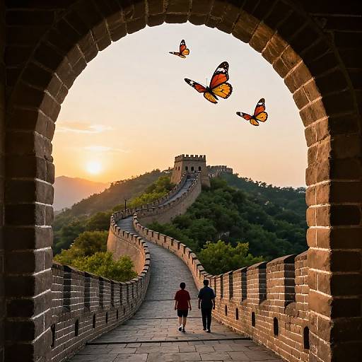 Photograph of two people walking down a stone Great Wall archway at sunset, with three orange and black butterflies flying overhead.