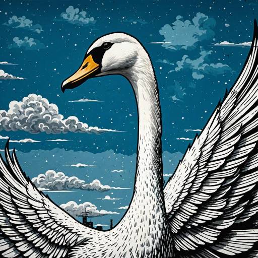 Woodcut Style Swan with Dramatic Sky