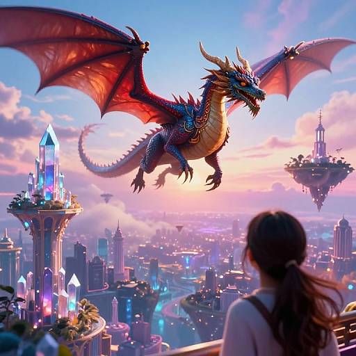 Digital painting: A red and blue dragon with large wings soars above a futuristic cityscape, observed by a woman with brown hair in the foreground.